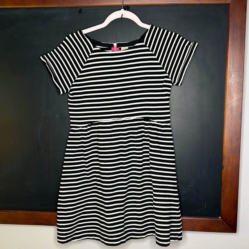 Gymboree Girls Black White Striped Dress Sz 12 Short Sleeve Pink Zip Fit & Flare